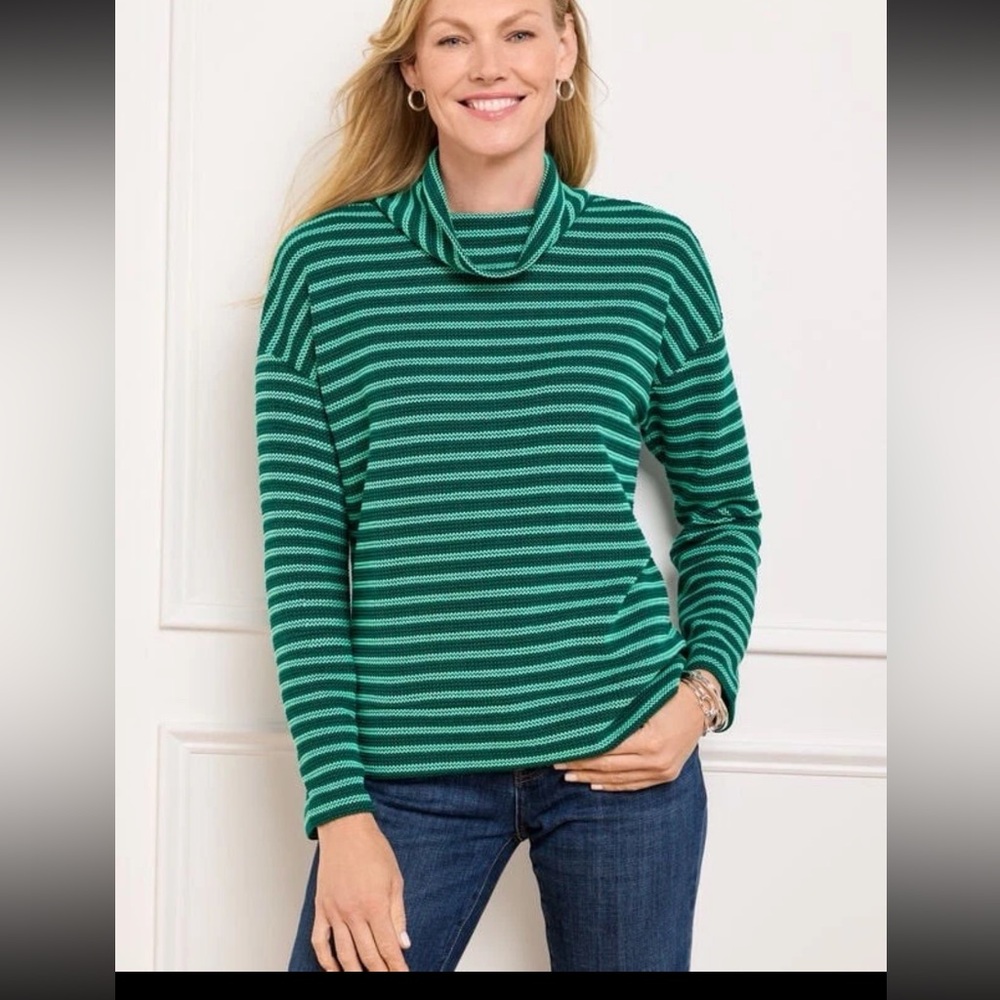 NWT TALBOTS Turtleneck Sweater Relaxed Fit Pullover Strip Size XL Knit Green